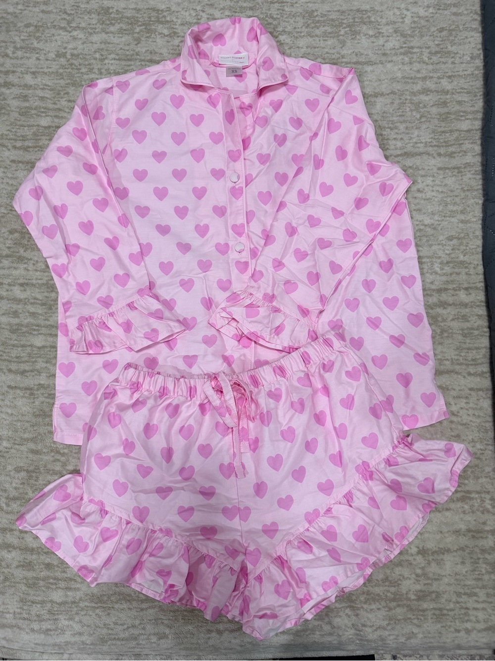 NWOT Stoney Clover x Pottery Barn Pink Heart Print Ruffle Pajama Set size XS